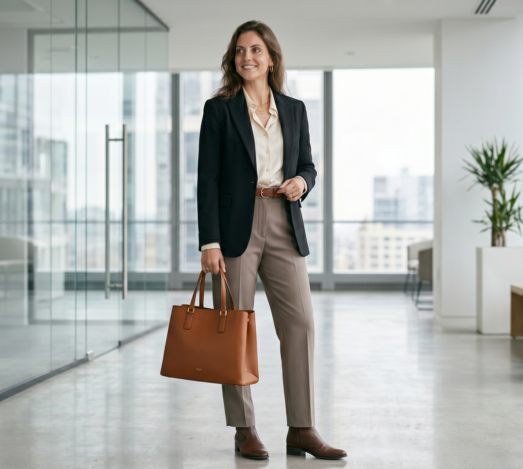 Elegantes Büro-Outfit mit brauner Tote Bag